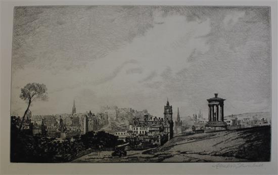 British etchers Mostly landscapes, including works by Malcolm Osborne, James McBey, Eugene Bejot and Muirhead Bone, largest 9 x 16in.,